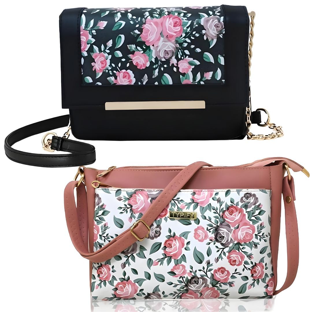 TYPIFY Latest Chic Floral Printed Sling Bag Combo: 2 Stylish Handbags For Women And Girls-Trendy Carry Bags-Set Of 2, Multicolor
