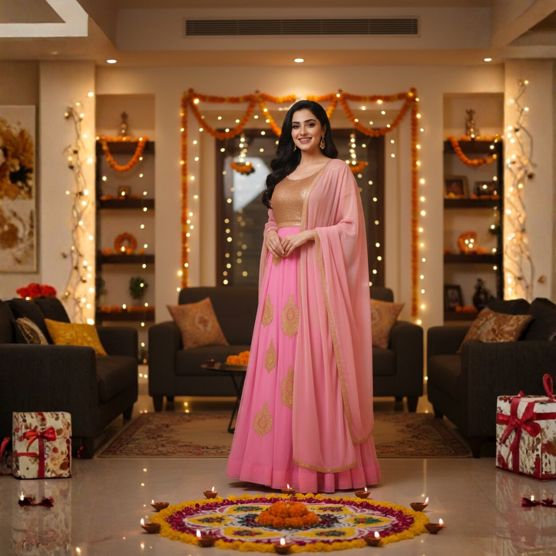Typify Pink & Gold Semi-Stitched Georgette Anarkali Suit with Dupatta – Designer Party & Wedding Wear