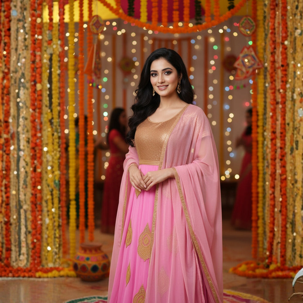 Typify Pink & Gold Semi-Stitched Georgette Anarkali Suit with Dupatta – Designer Party & Wedding Wear
