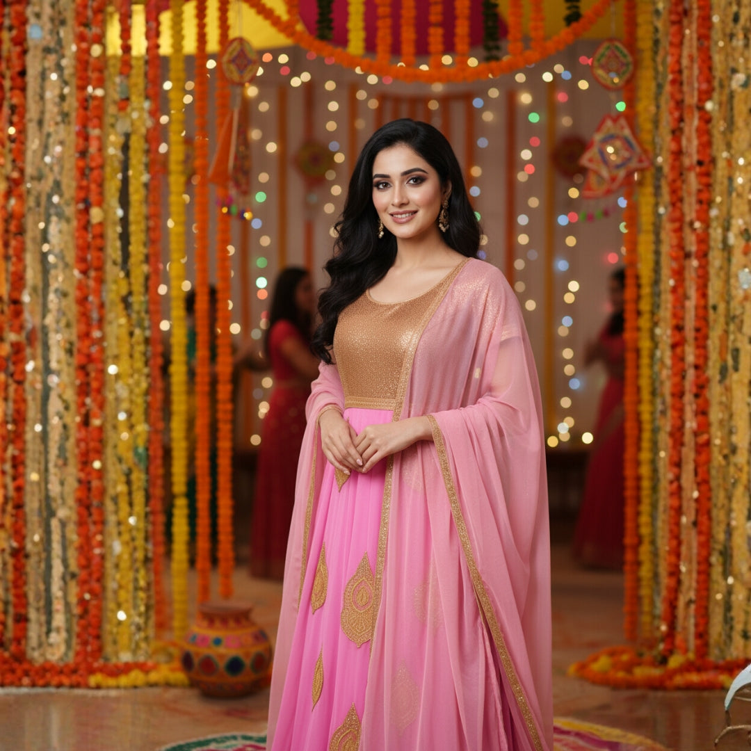 Typify Pink & Gold Semi-Stitched Georgette Anarkali Suit with Dupatta – Designer Party & Wedding Wear