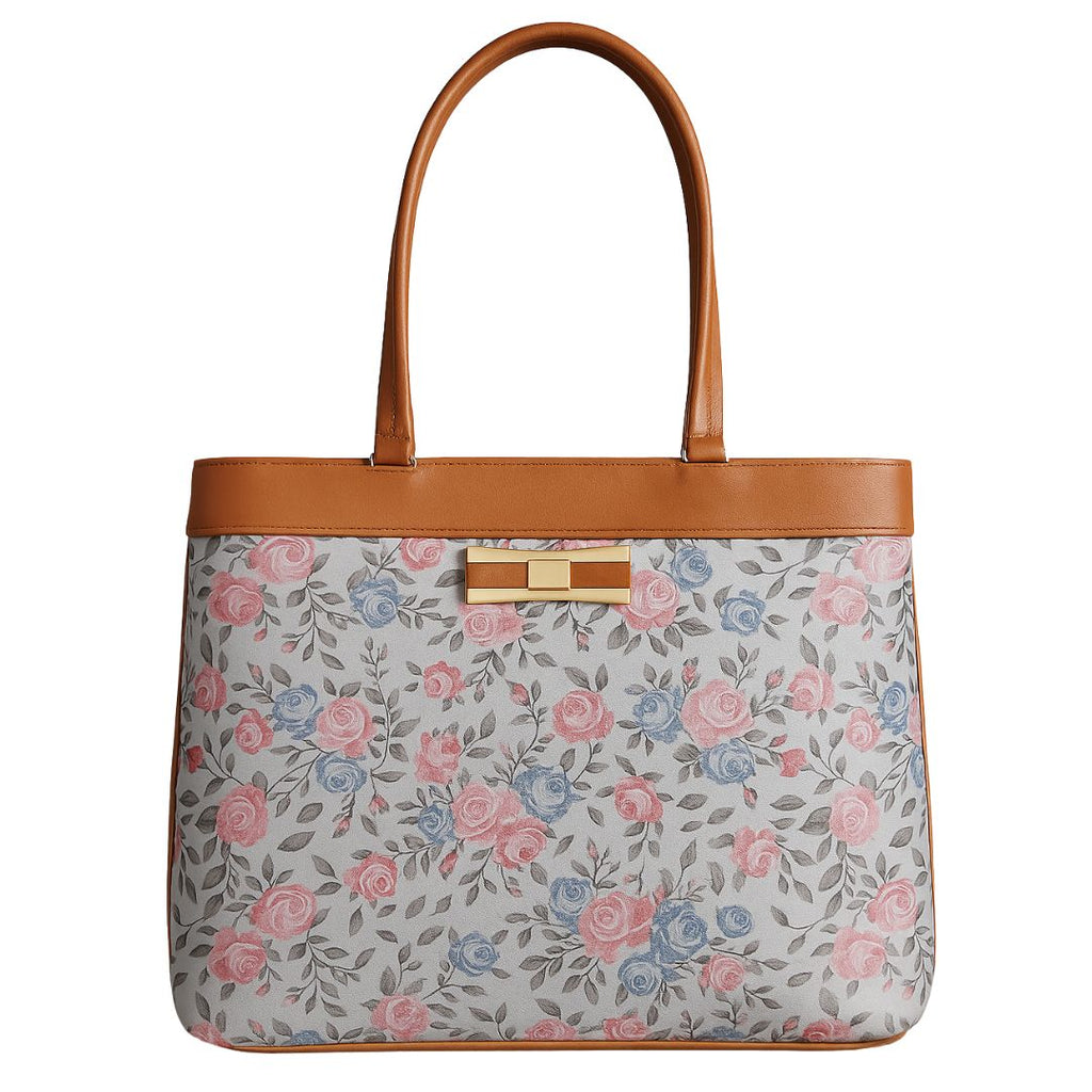 Typify Floral Faux Leather Tote Handbag with Metal Bow – Elegant Printed Shoulder Bag for Women - Gift for Her
