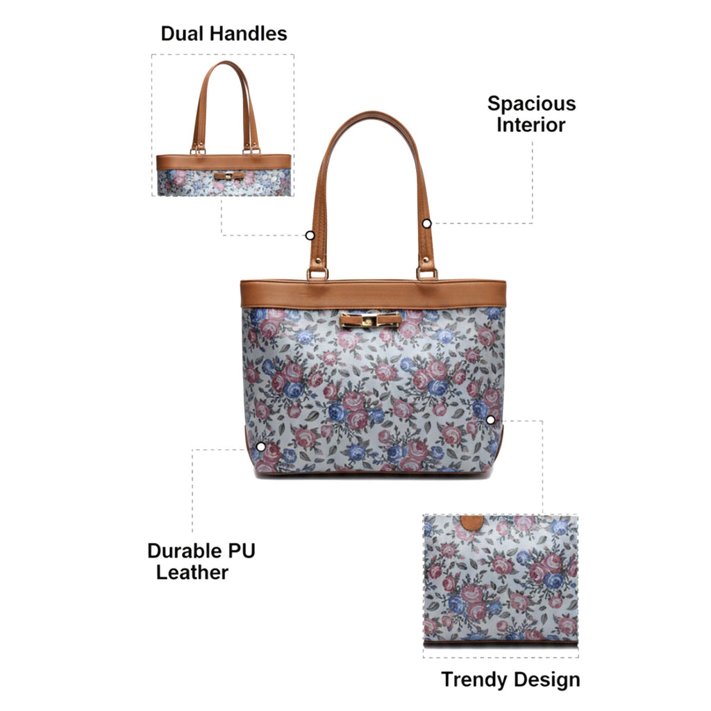 Typify Floral Faux Leather Tote Handbag with Metal Bow – Elegant Printed Shoulder Bag for Women - Gift for Her